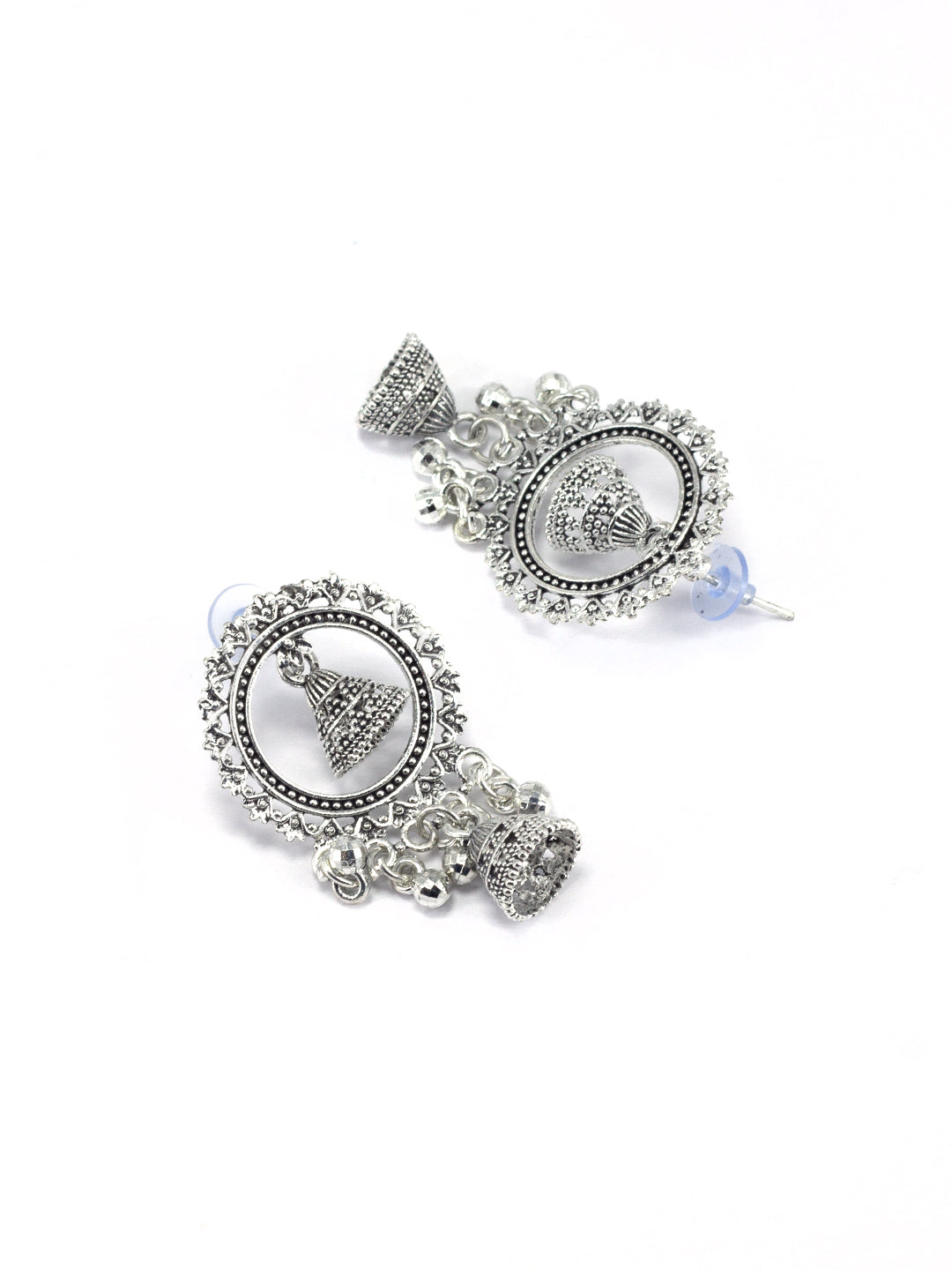 Silver Oxidized Circular Jhumki Drop Earrings