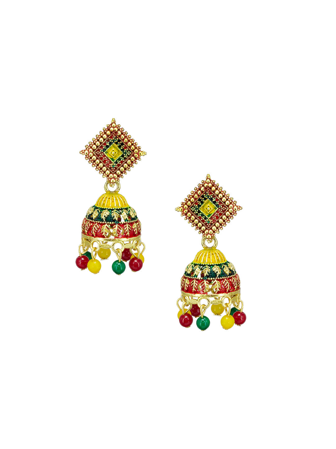 Gold Plated Square Multi Color Artificial Beaded Jhumki Earrings