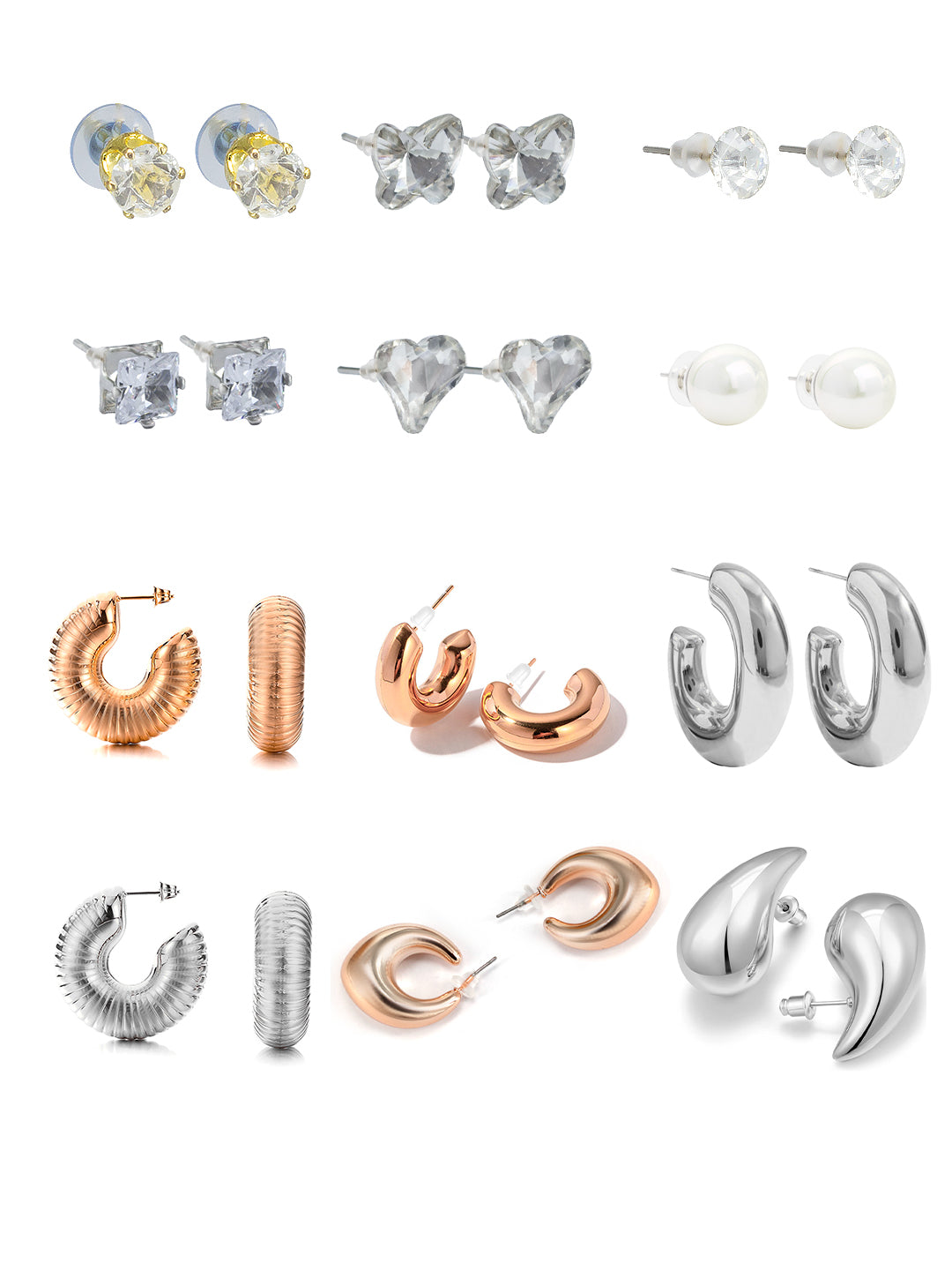 Pack of 12 Silver Plated & Rose Gold Plated Drop, Hoop & Studs Earrings