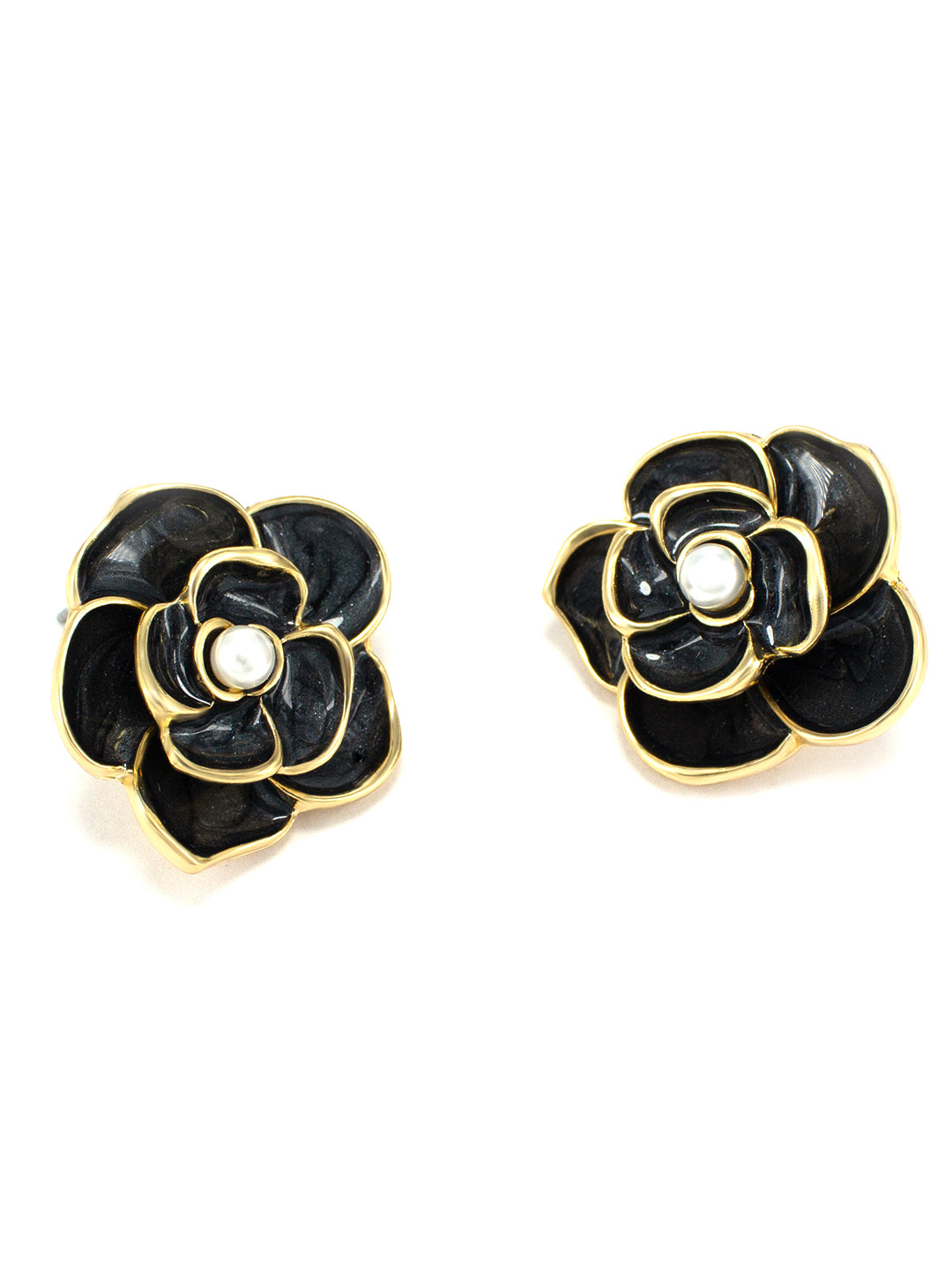 Gold-Plated Black Floral Studs Earrings
