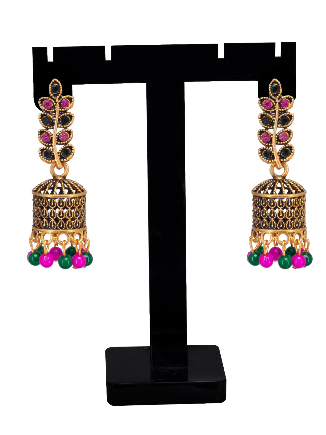 Antique Gold-Plated Leaf Artificial Stone & Beaded Jhumki Earrings