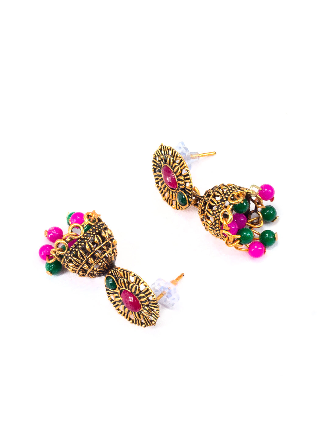 Antique Gold-Plated Oval Artificial Stone & Beaded Jhumki Earrings