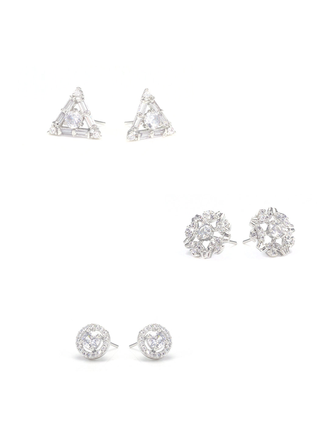Pack Of 3 Rhodium Plated Geometric American Diamond Earrings