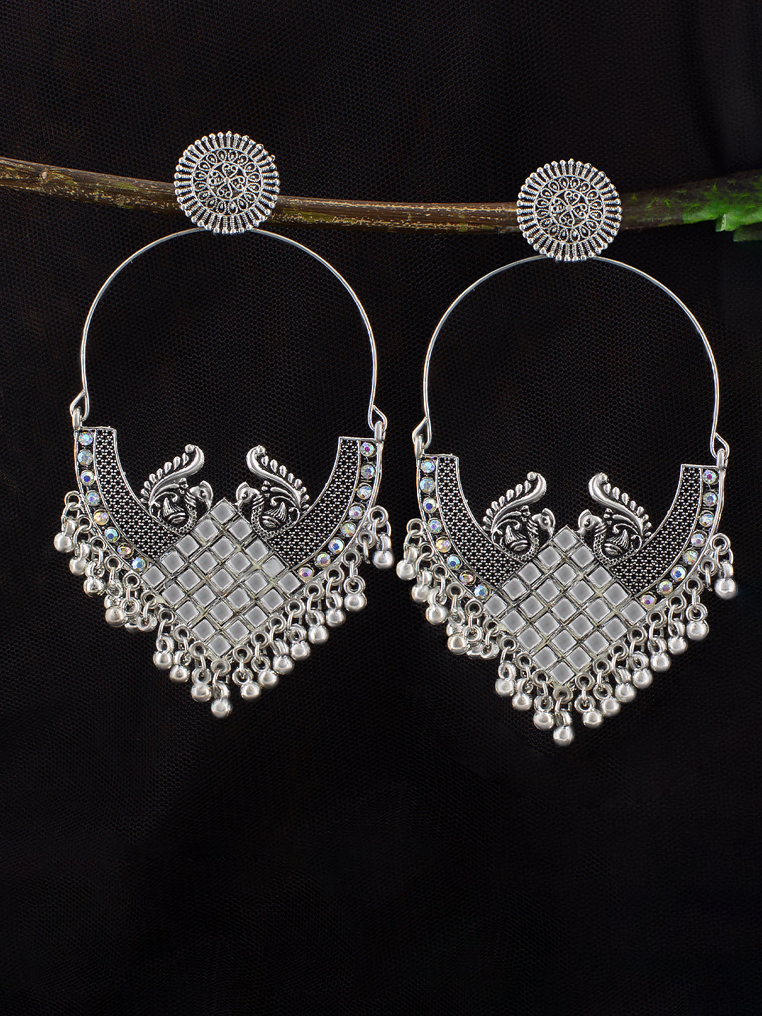 Oxidized Floral Peacock Chandbaali Earrings