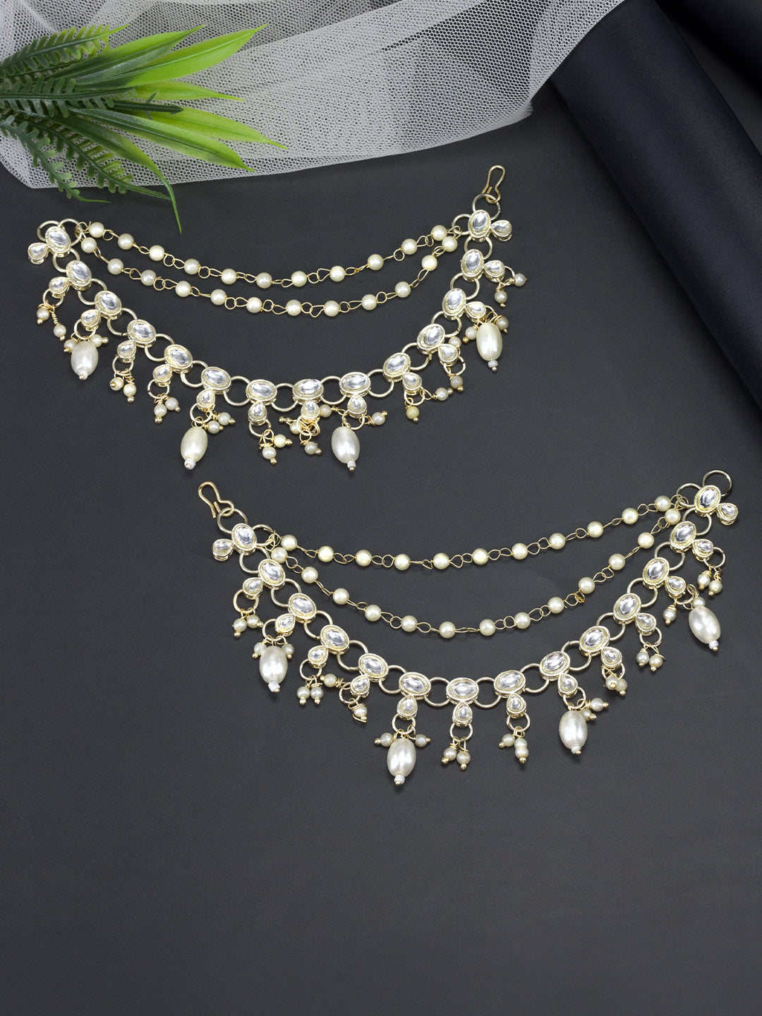 Artificial Stones & Beads Studded 3 Layered Ear Chain