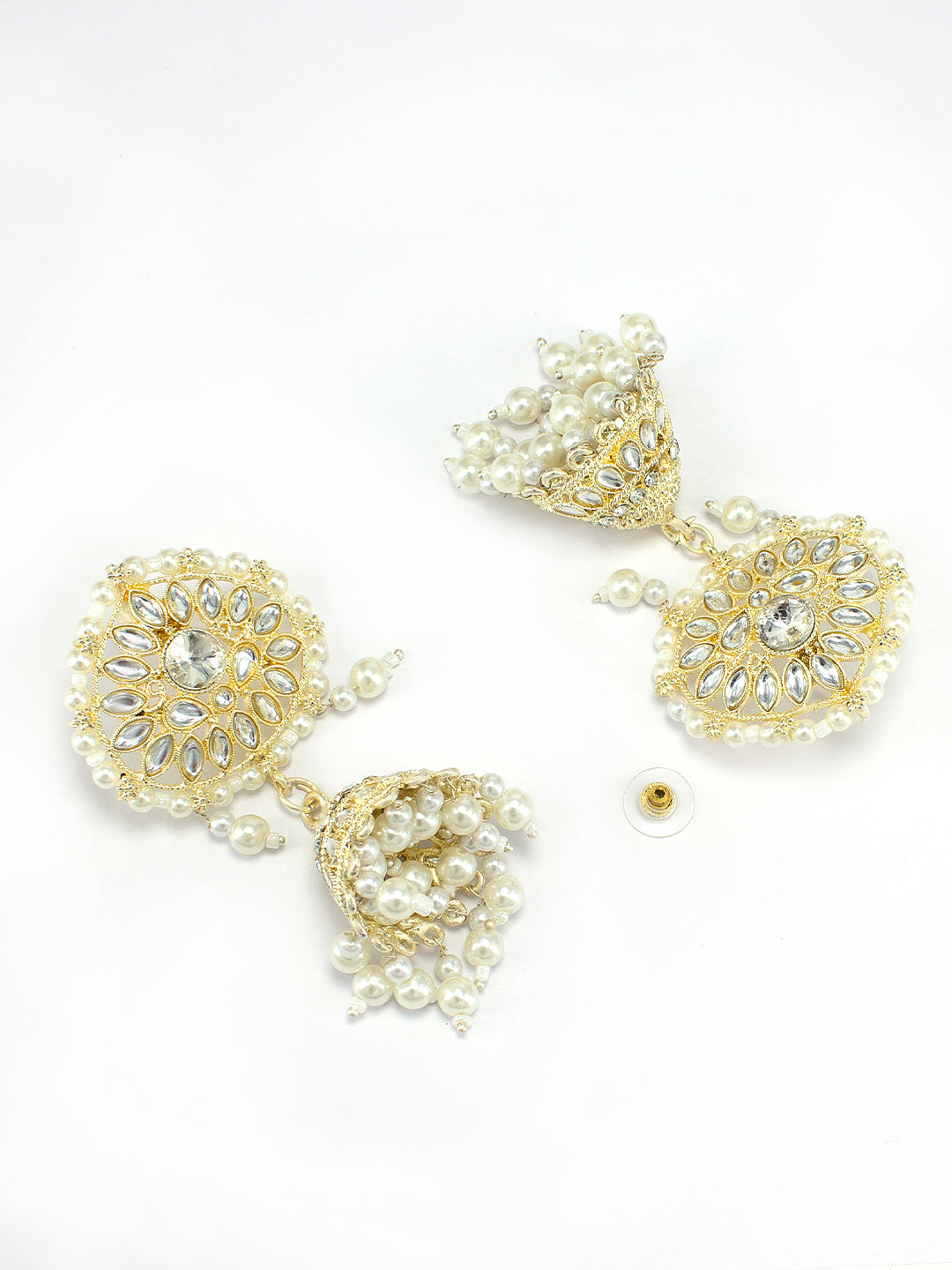 Gold- Plated Kundan Stone Studded Beaded Jhumka Earrings With Maangtika