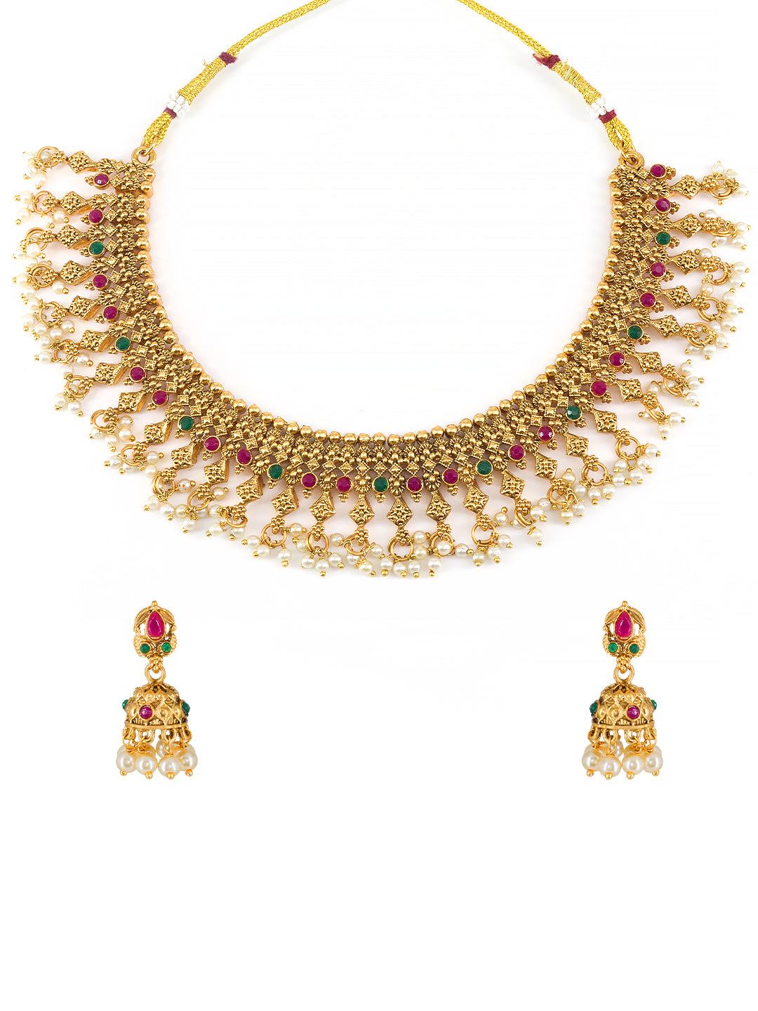 Antique Artificial Stones & Beads Temple Jewellery Set