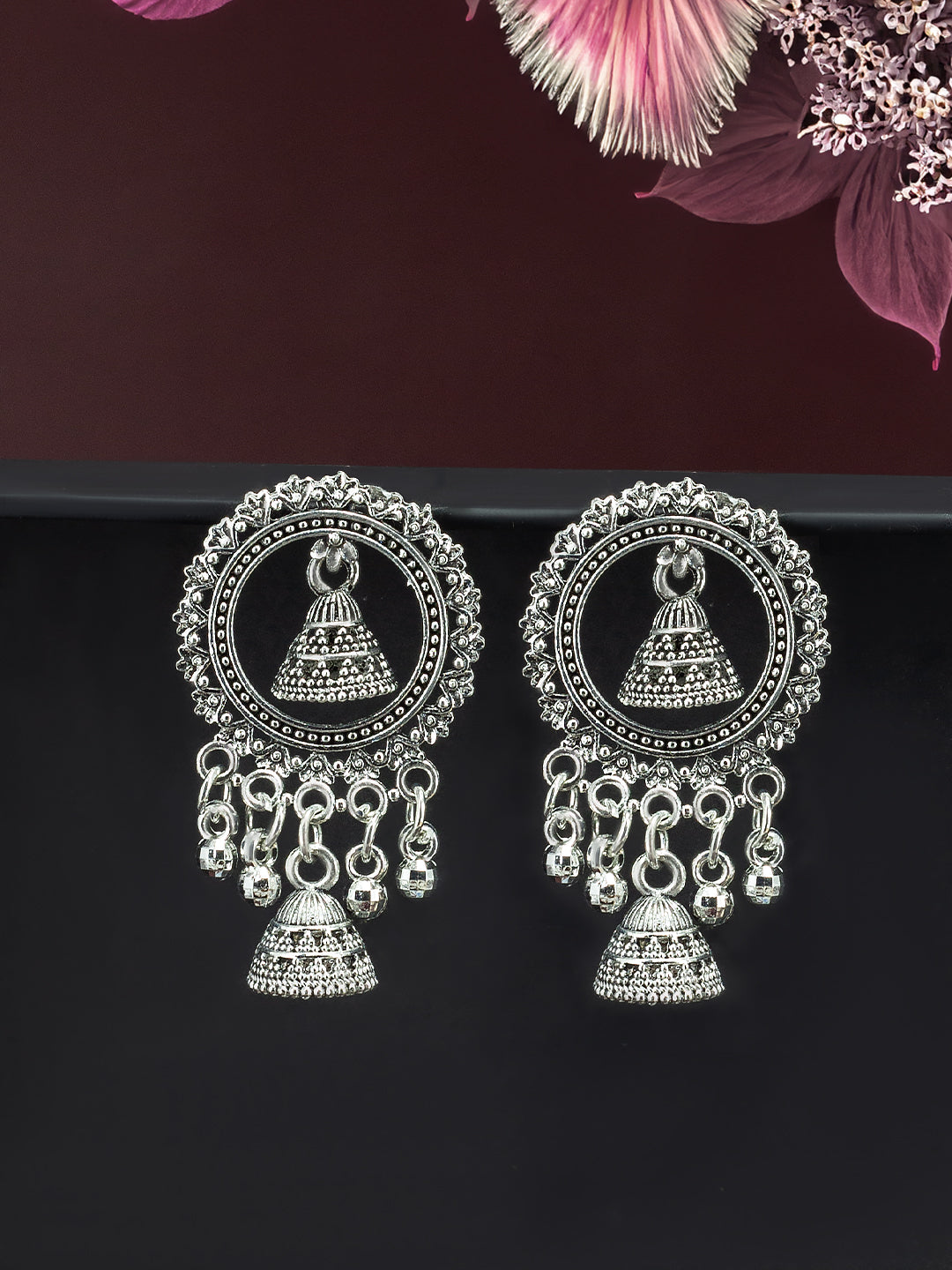 Silver Oxidized Circular Jhumki Drop Earrings