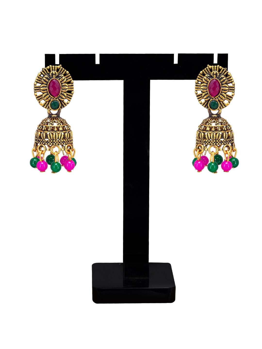 Antique Gold-Plated Oval Artificial Stone & Beaded Jhumki Earrings