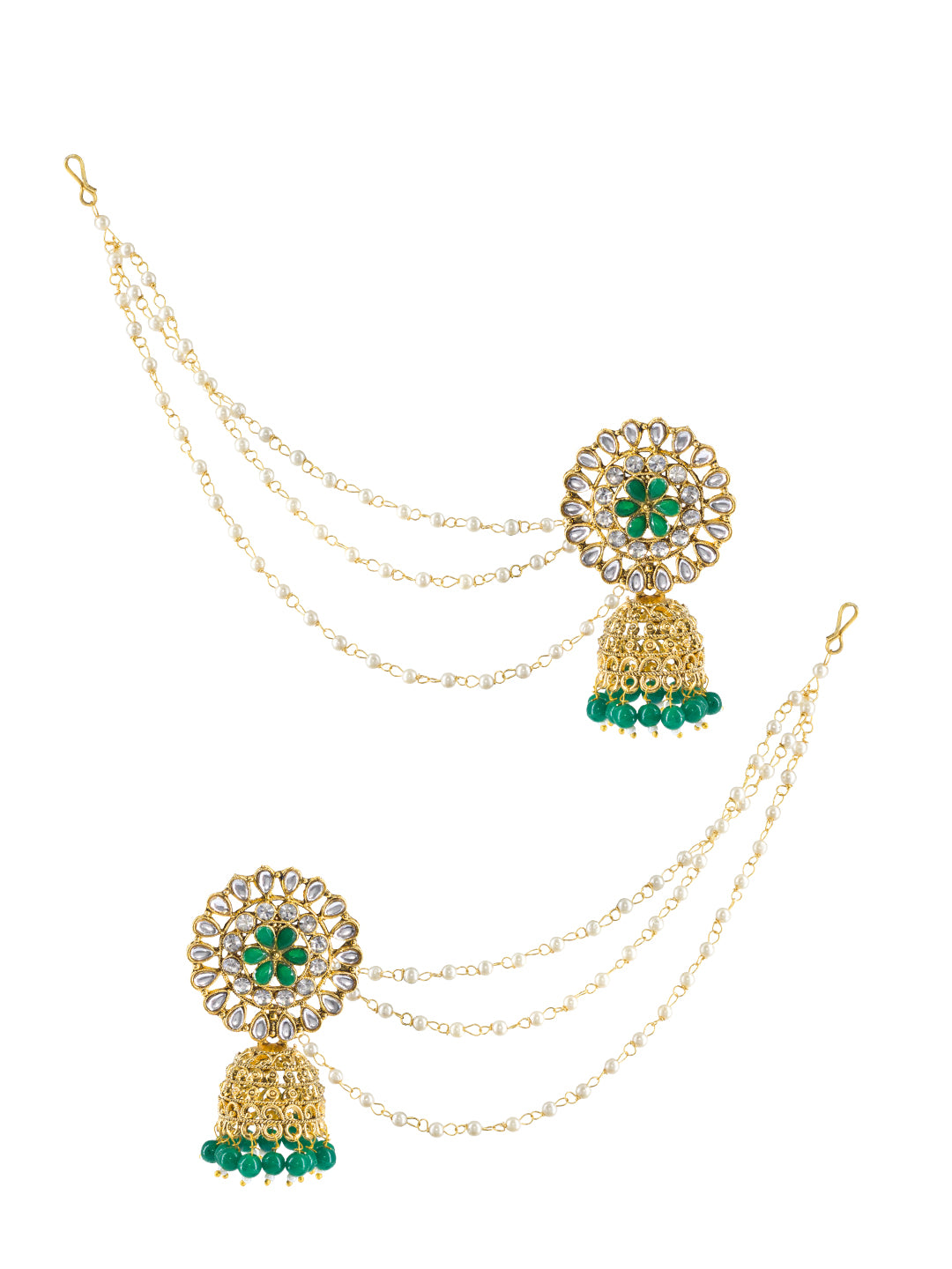 Green Floral Jhumka Earrings With Chain