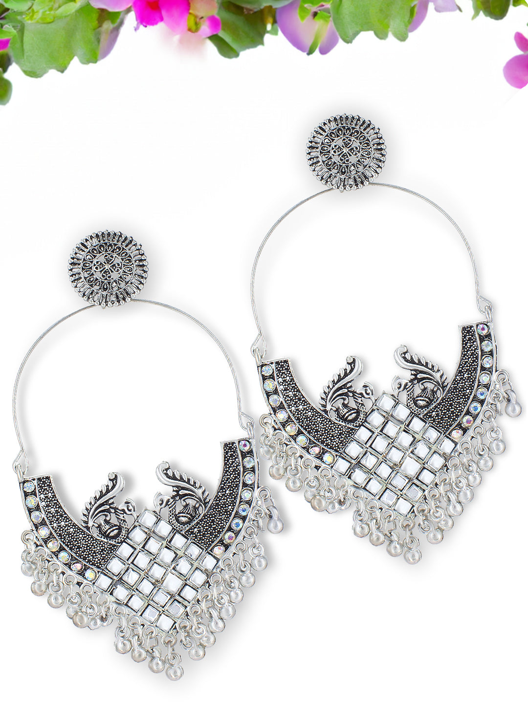 Oxidized Floral Peacock Chandbaali Earrings