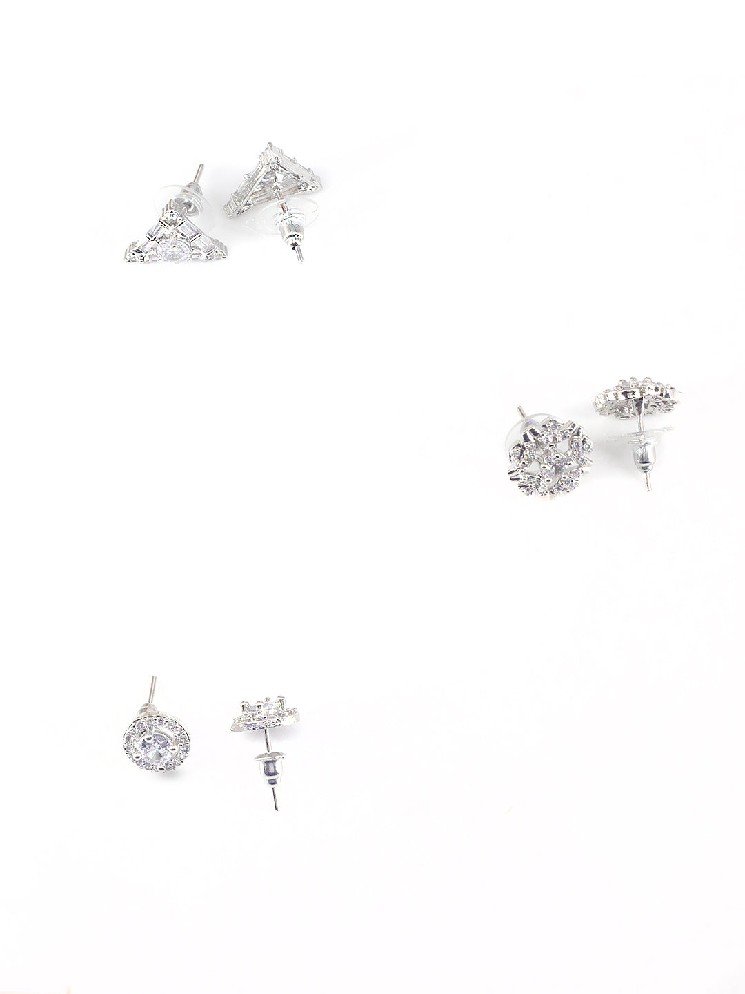 Pack Of 3 Rhodium Plated Geometric American Diamond Earrings