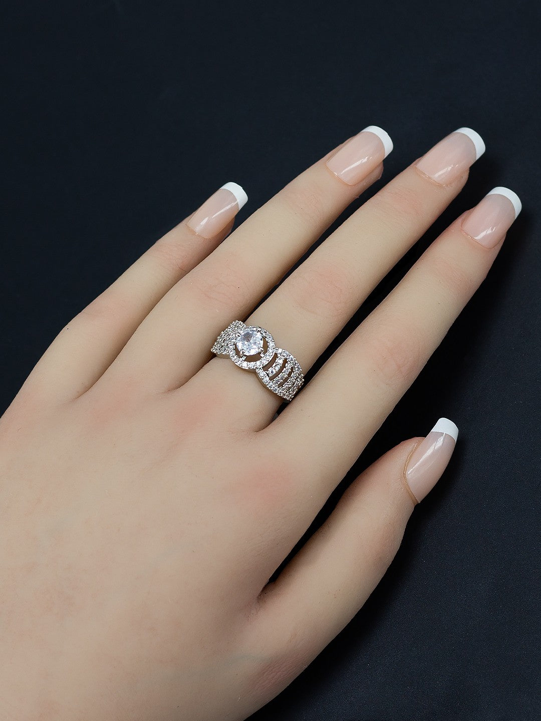 Rhodium Plated American Diamond Adjustable Solitaire Finger Ring