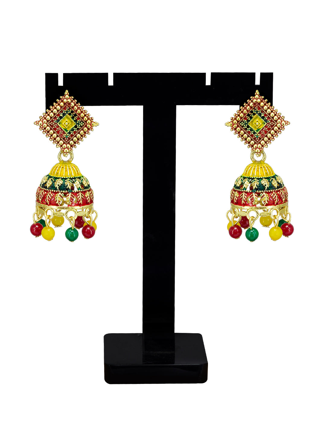 Gold Plated Square Multi Color Artificial Beaded Jhumki Earrings