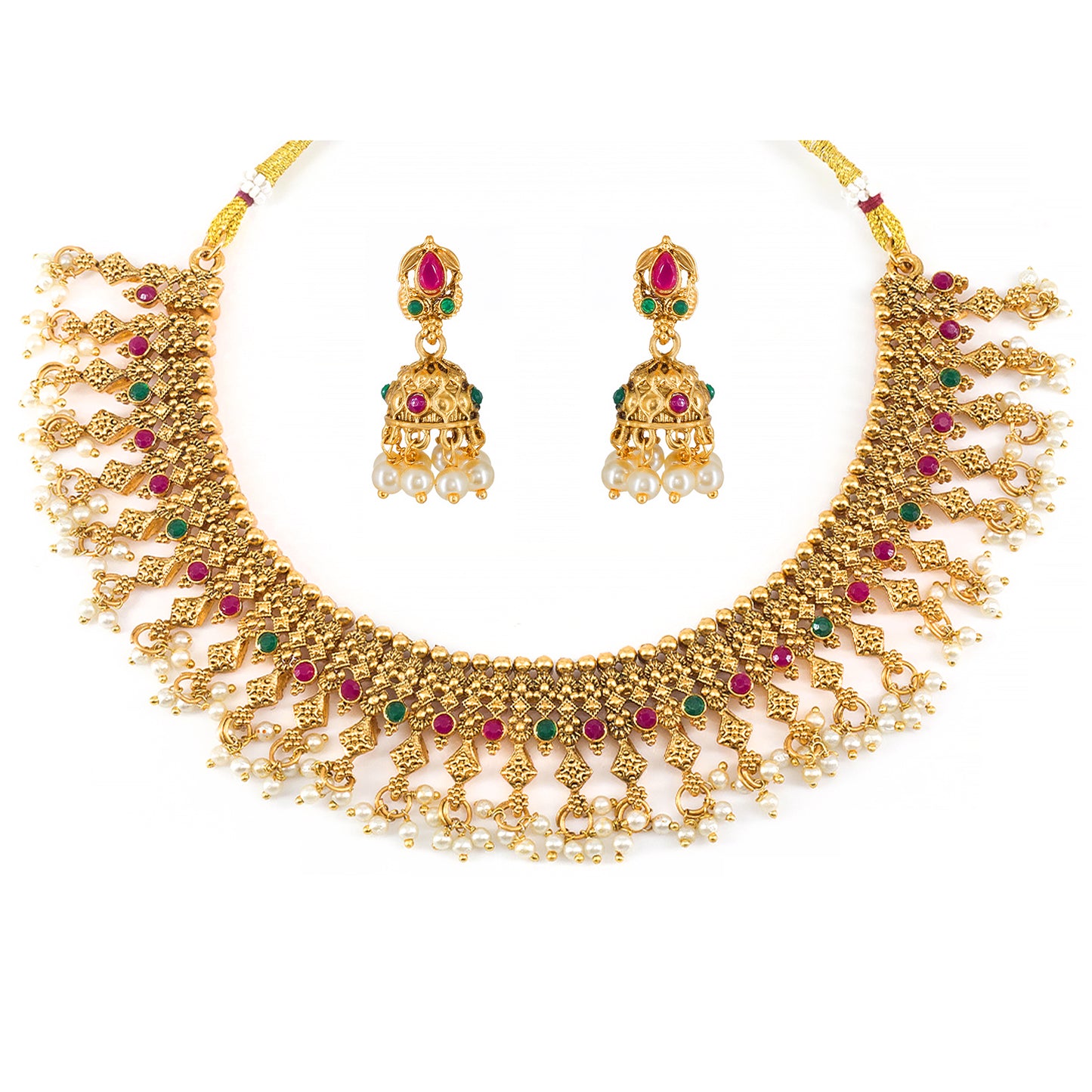 Antique Artificial Stones & Beads Temple Jewellery Set