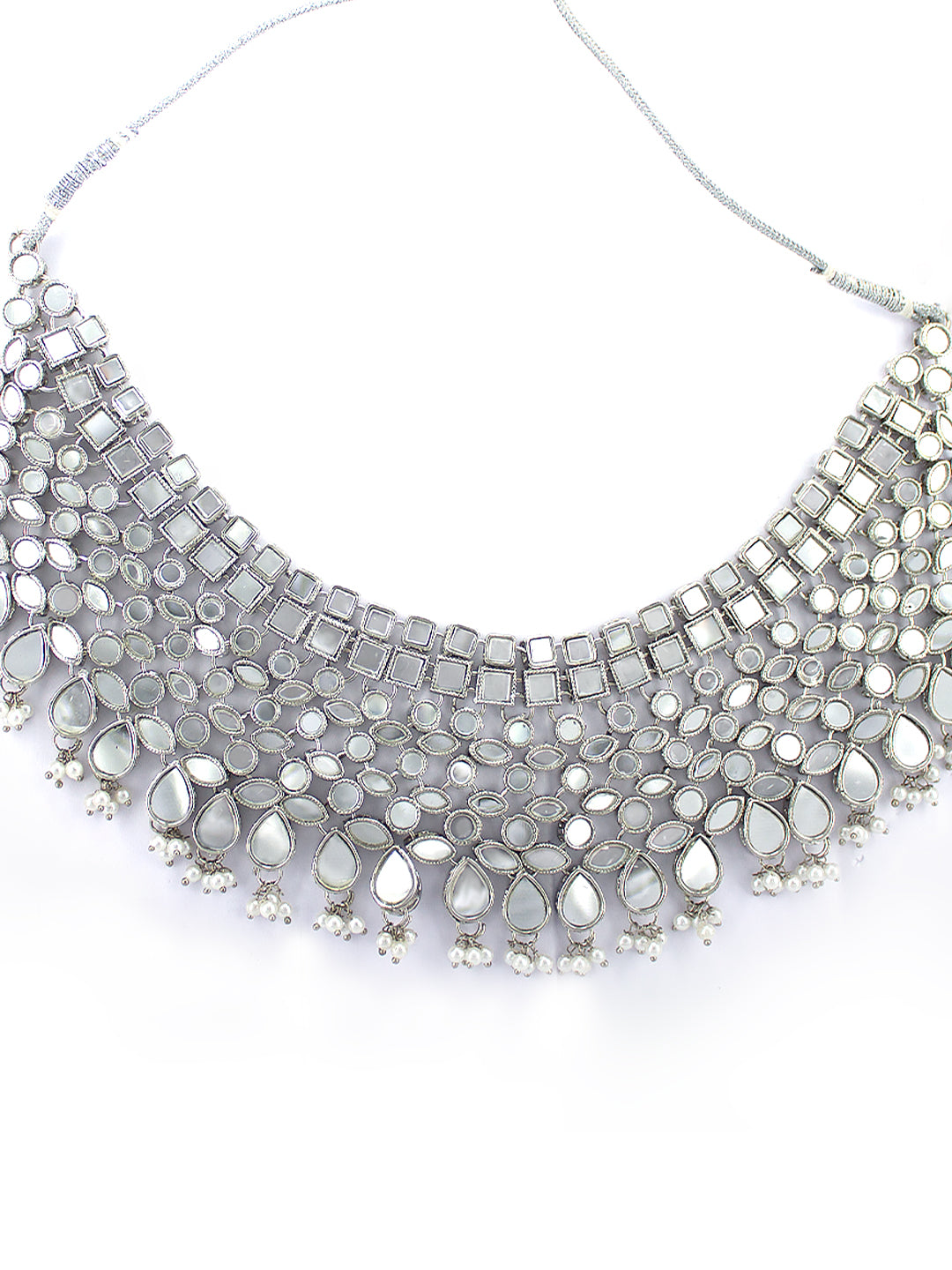 Silver-Plated Mirror-Studded & Beaded Jewellery Set With Maangtika