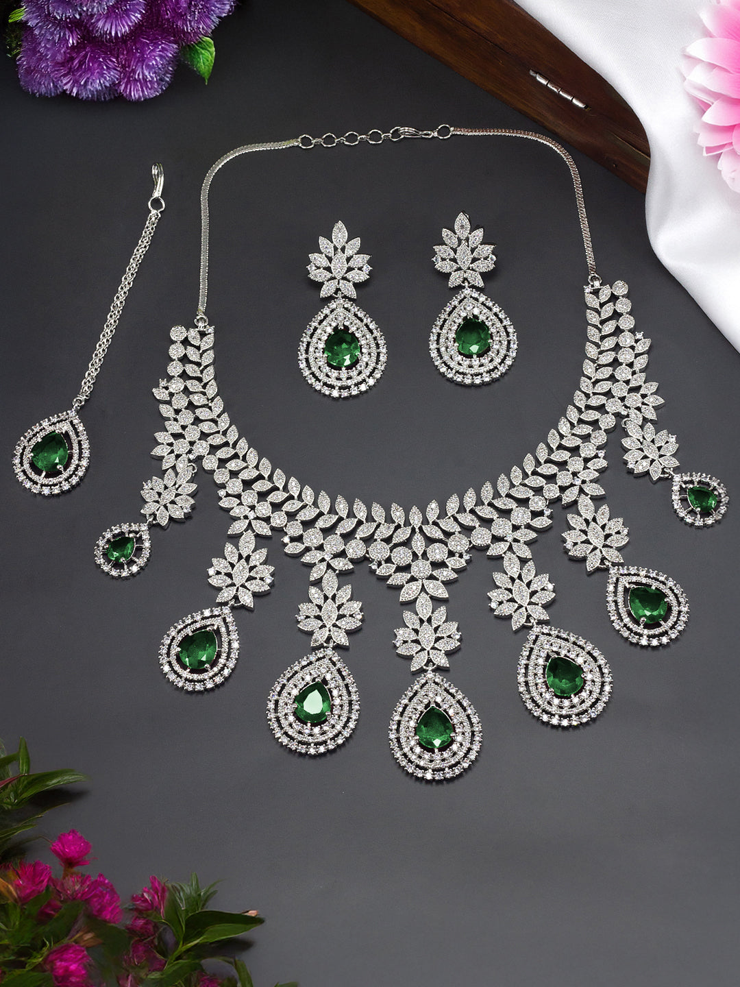 Rhodium Plated Green American Diamond Teardrop Jewellery Set – PRIVIU