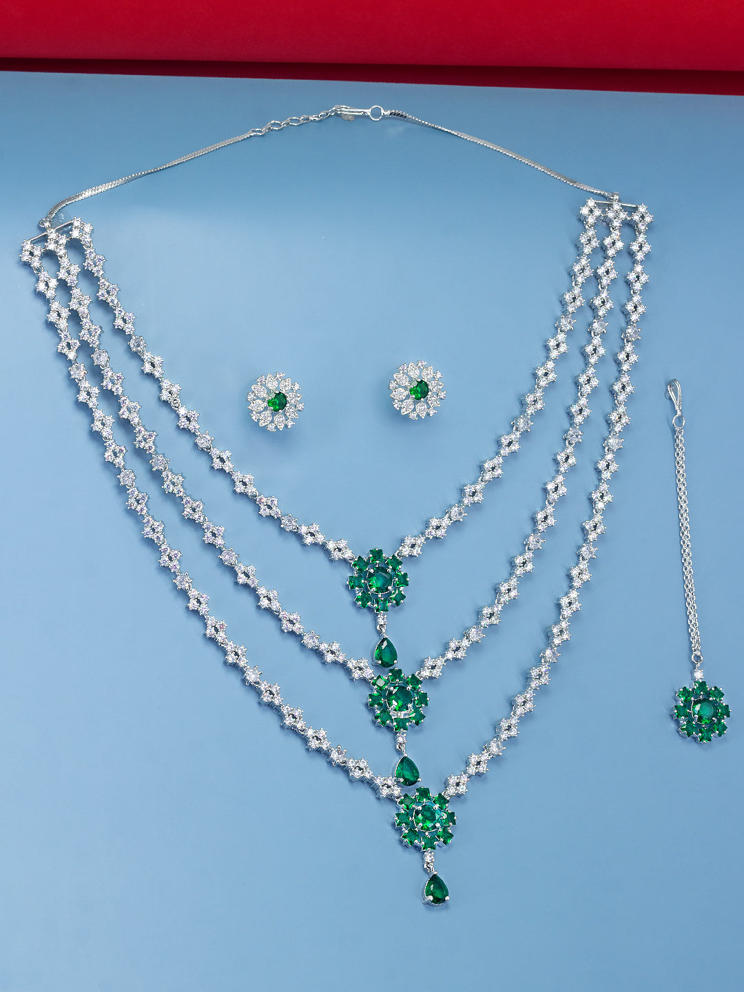 Trendy Green Three Layered AD Bridal Jewellery Set With Maangtika