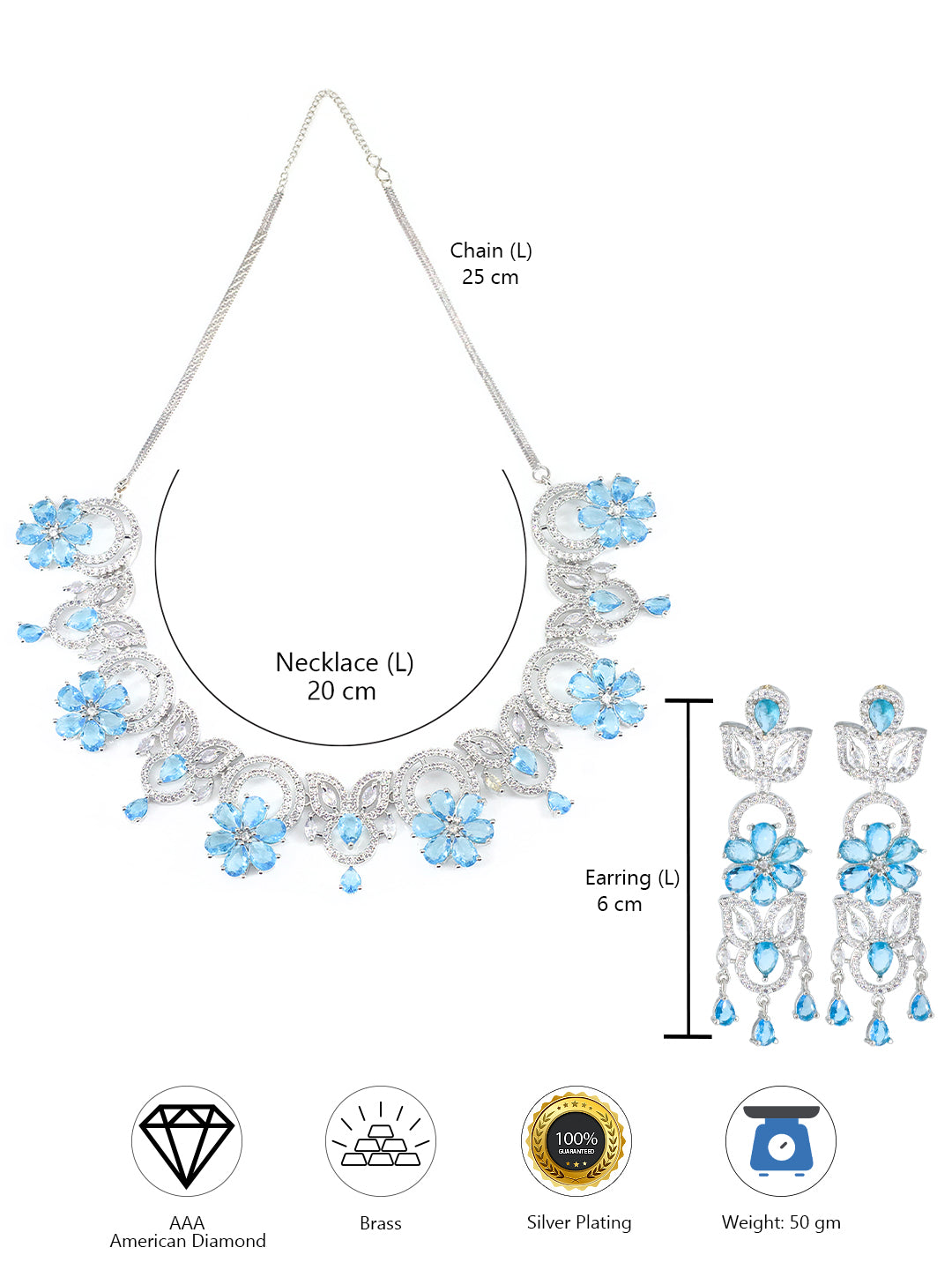 Blue AD Studded Floral Jewellery Set