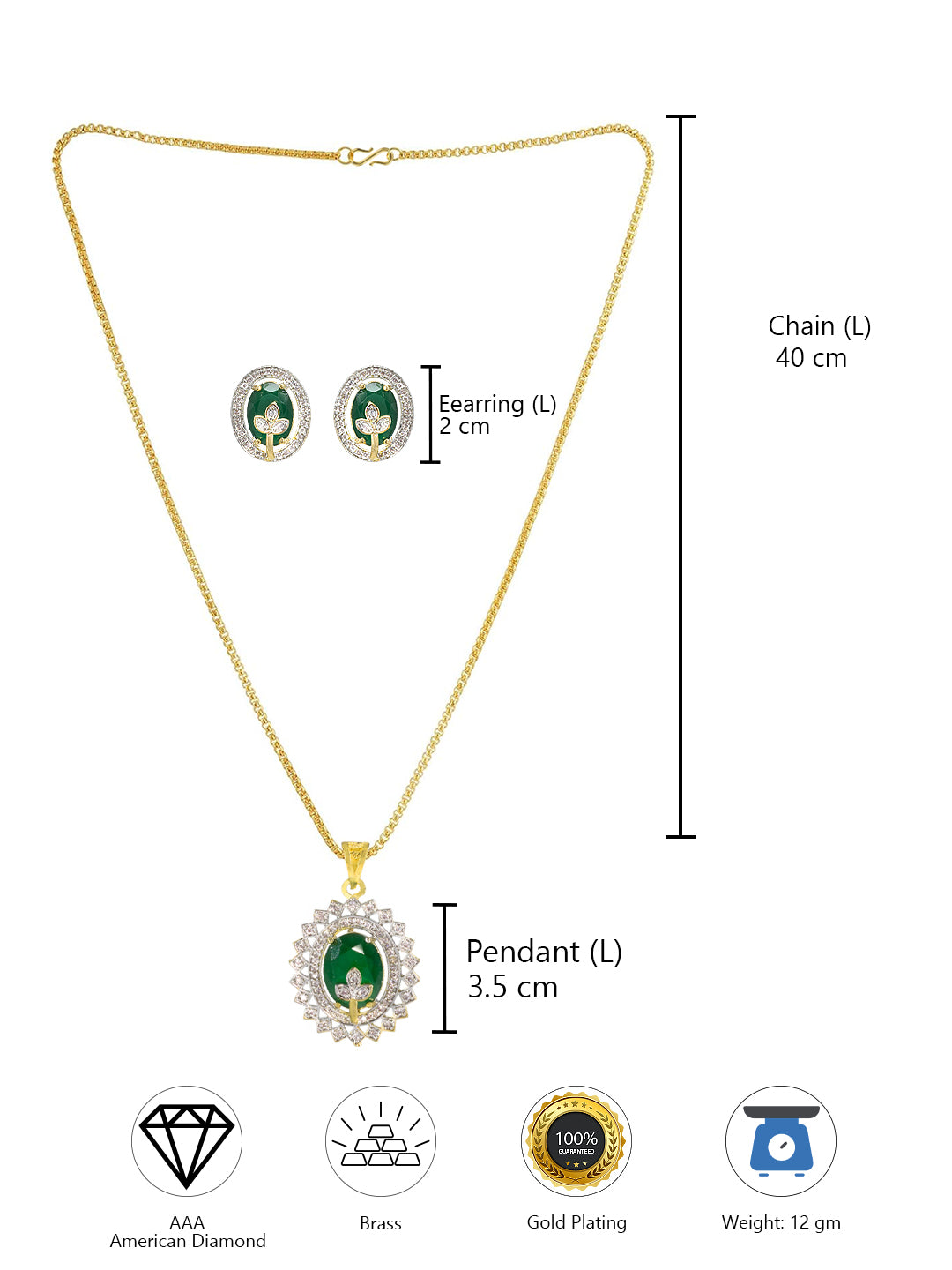Gold-Plated Green Oval AD-Studded Pendant Set