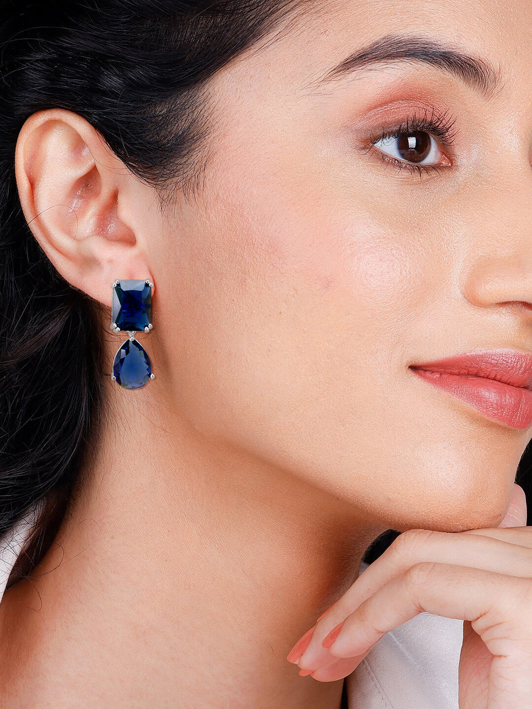 Blue Stone Studded Teardrop Earrings