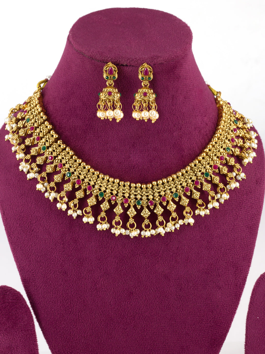 Antique Artificial Stones & Beads Temple Jewellery Set