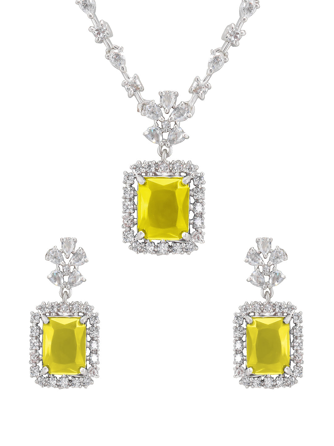 Rhodium-Plated Yellow American Diamond Studded Jewellery Set