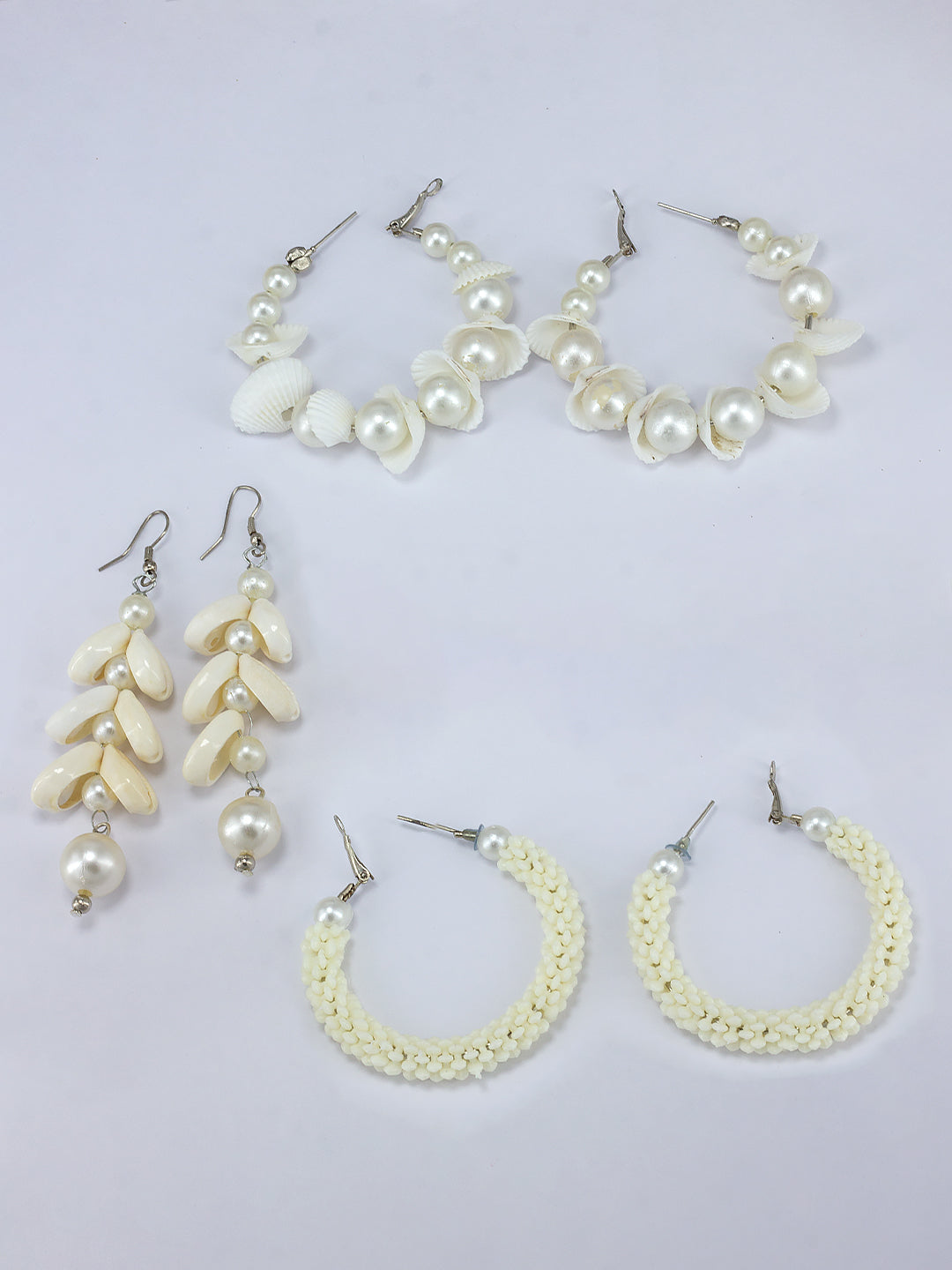 Pack of 3 Faux Pearl & Shells Hoop & Drop Earrings