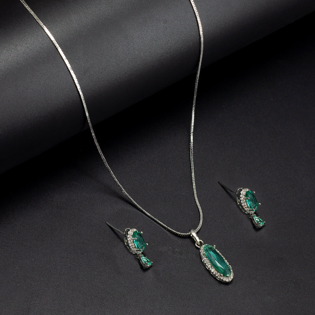 Rhodium-Plated American Diamond Studded Trendy Pendent & Earrings Set