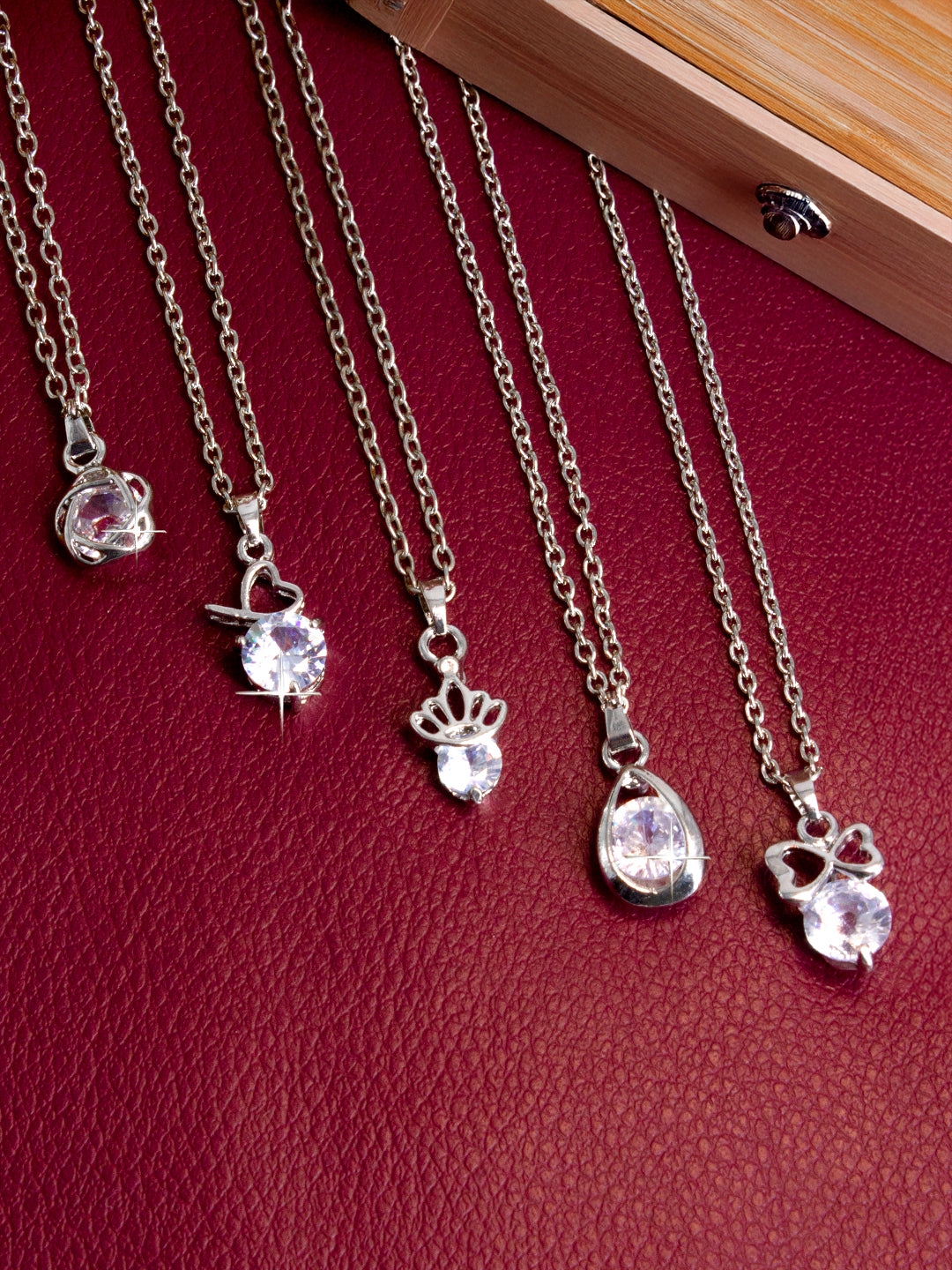 PRIVIU Silver Plated Solitaire Pendant with Chain Combo for Women (Set of 5)