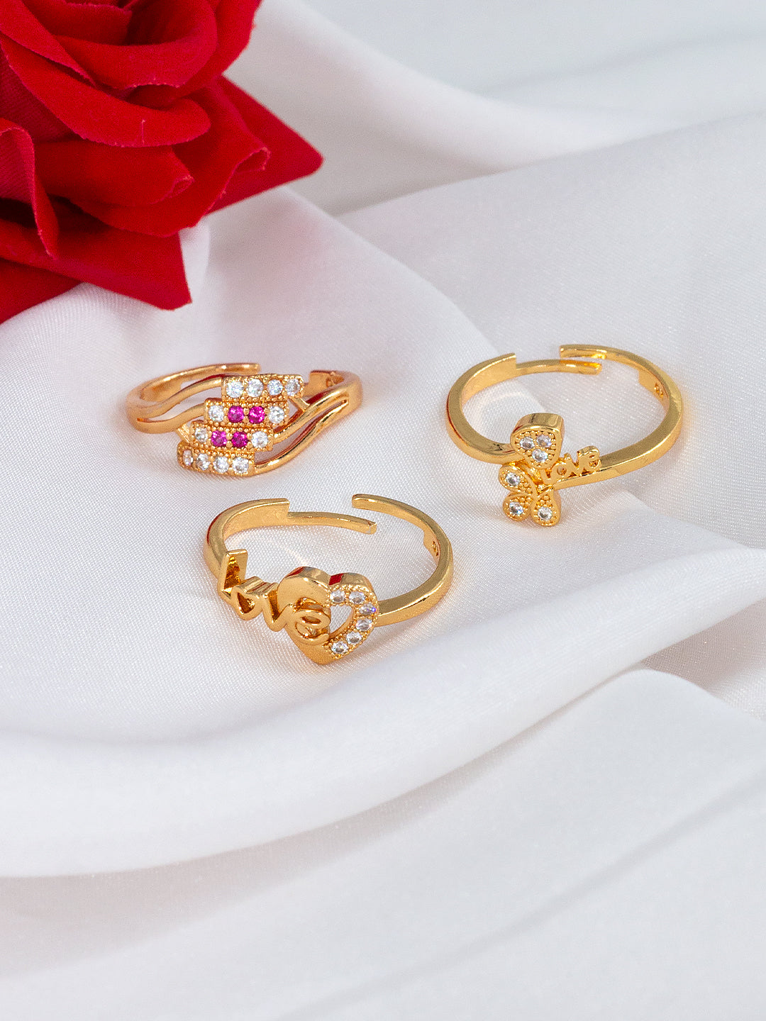 Pack of 3 AD-Studded Adjustable Ring