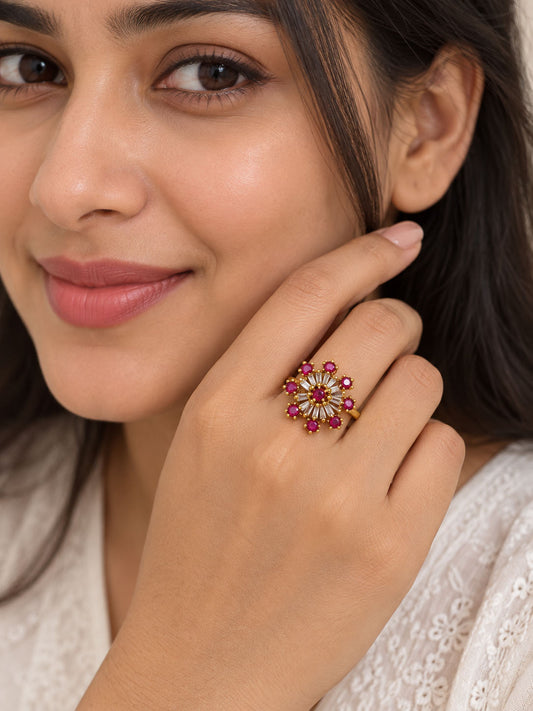 22K Gold Plated Red AD Finger Ring for Women