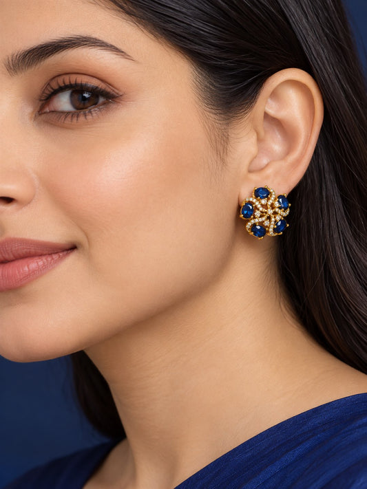 South Indian Gold Plated Blue AD Floral Stud Earrings for Women