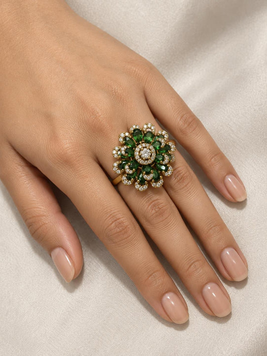 Antique Gold Plated Green AD Floral Finger Ring for Women