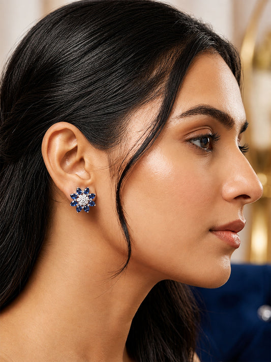 Silver Plated Blue Floral Stud Earrings for Women