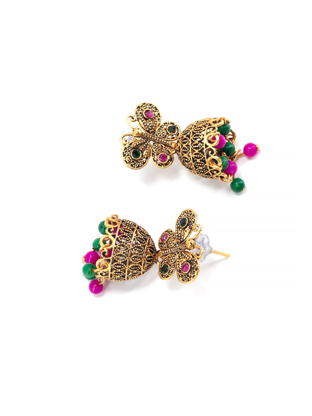 Antique Gold-Plated Butterfly Artificial Stone & Beaded Jhumki Earrings