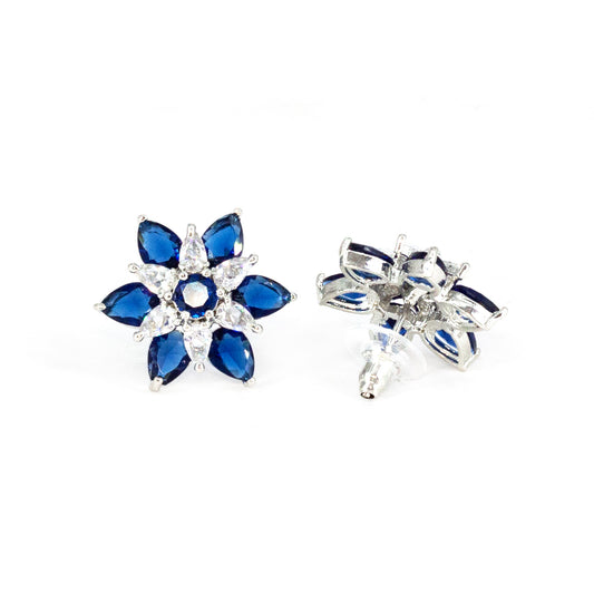 Rhodium Plated Blue AD Floral Stud Earrings for Women