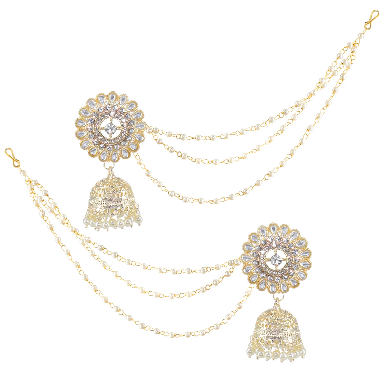 Floral Kundan-Studded & Beads Drop Jhumka Earrings With Ear Chain