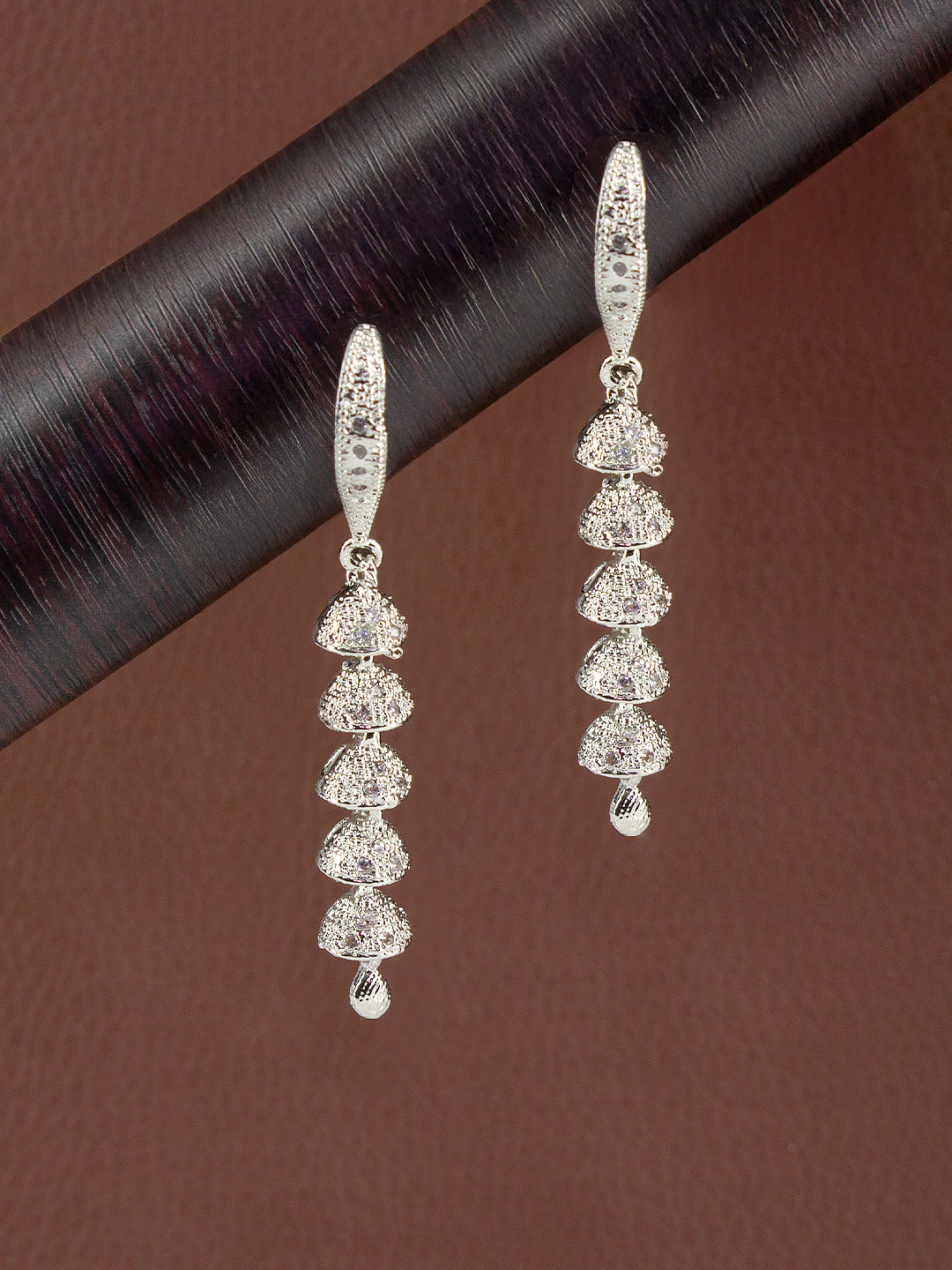 Silver Plated American Diamond 5 Layered Drop Earrings