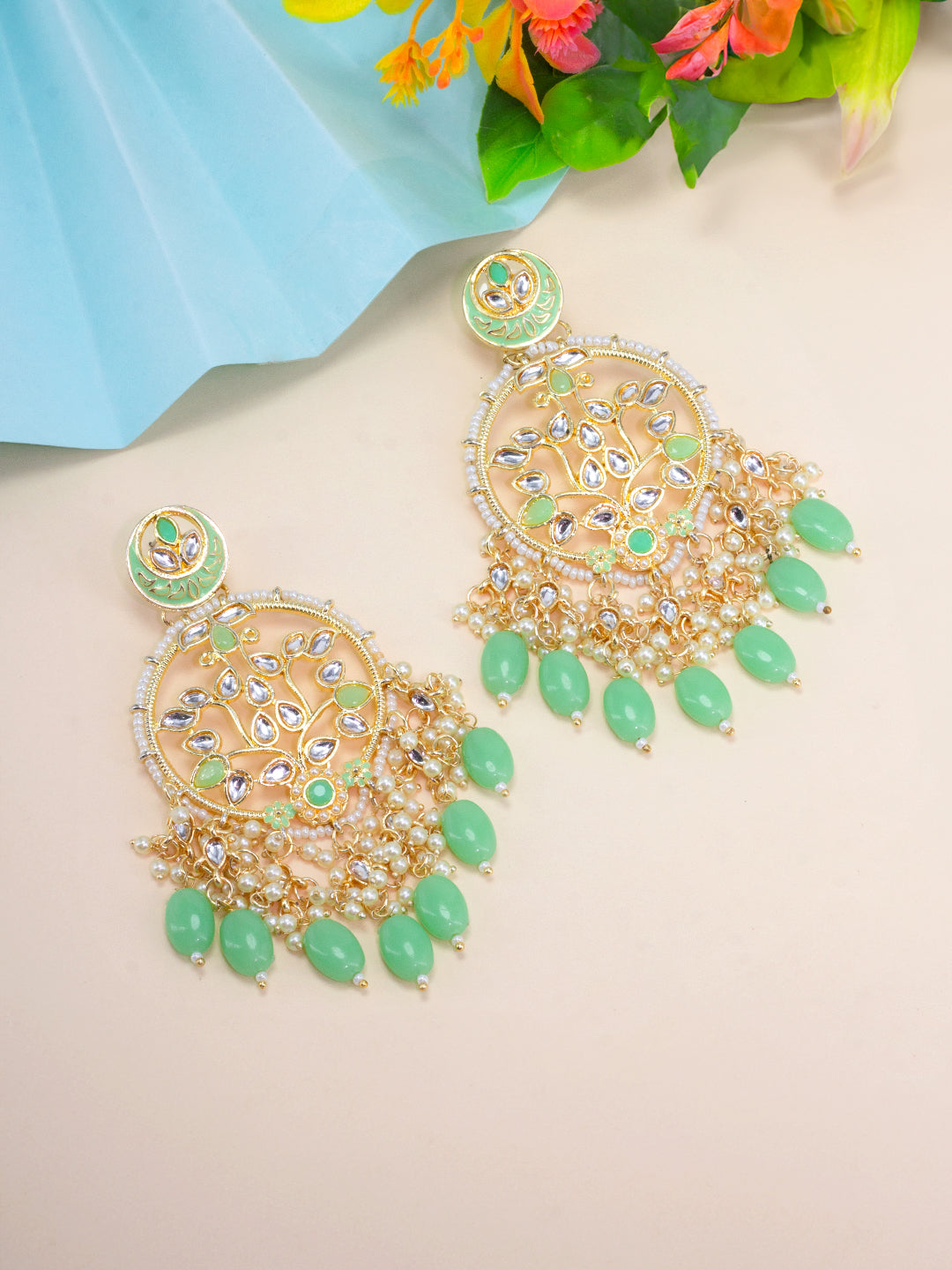 Gold Plated Artificial Stones & Beads Studded Drop Earrings