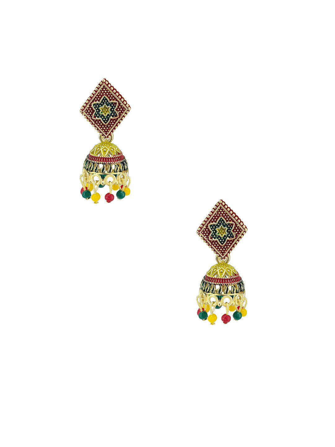 Gold Plated Floral Rhombus Multi Color Artificial Beaded Jhumki Earrings