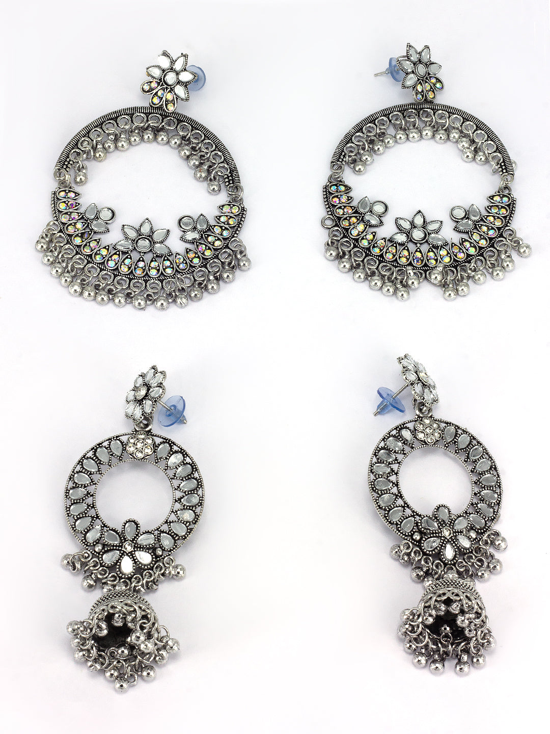 Pack of 2 Silver Oxidised Chandbali Jhumka Earrings