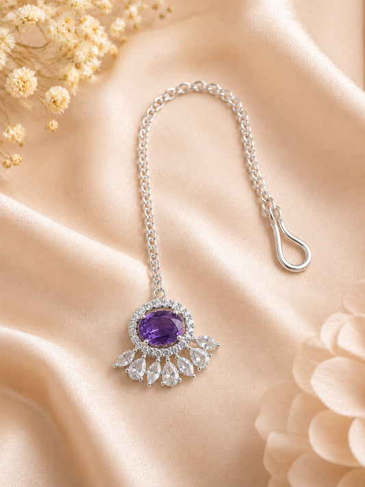 Silver Plated Purple AD Maang Tikka for Women