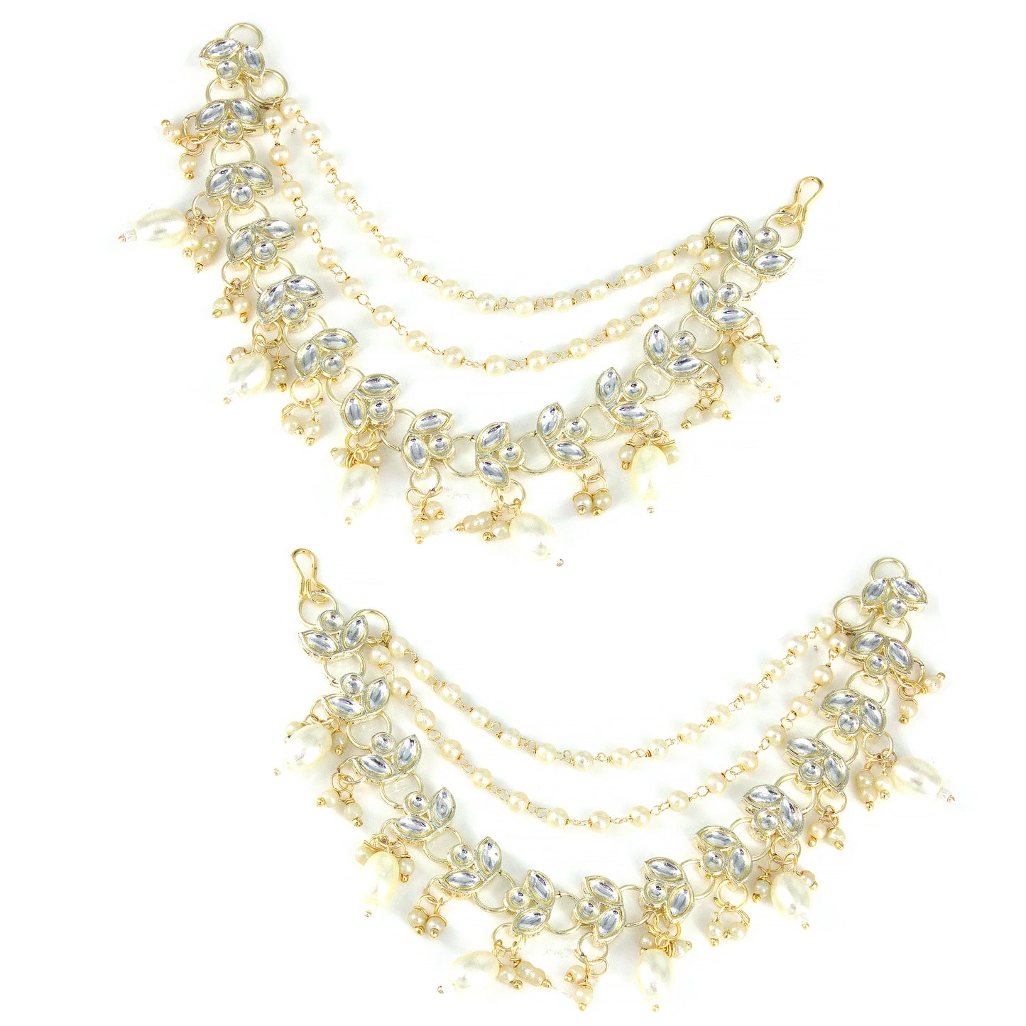 Gold-plated 3-Layered Leaf-Shaped Kundan-Studded & Faux-Pearl Drop Ear Chain