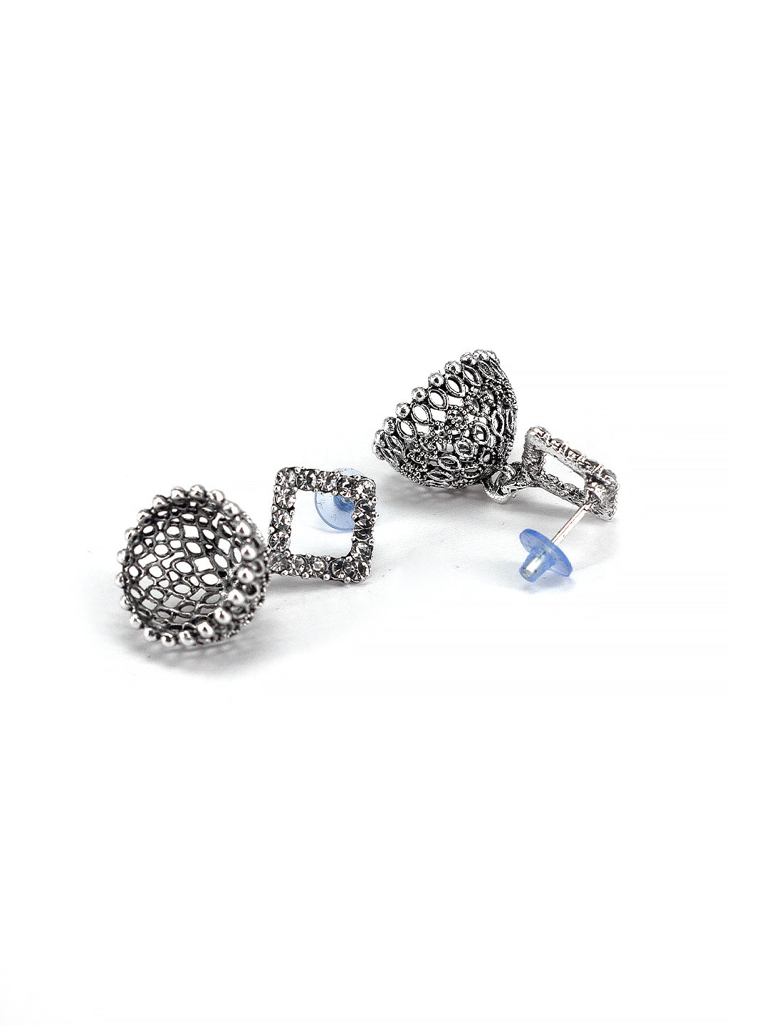 Silver Oxidised Square Shaped CZ Studded Jhumki Earrings