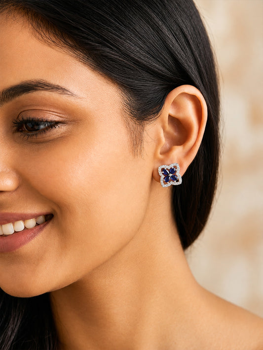 Rhodium Plated Blue AD Stud Earrings for Women