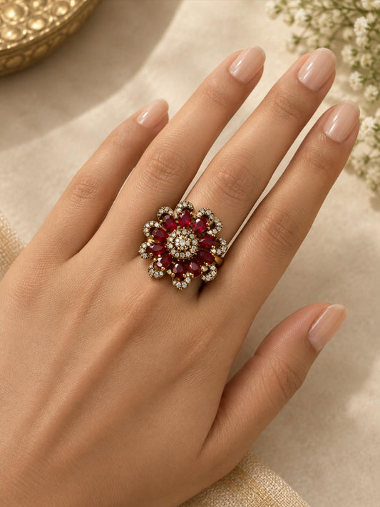 Antique Gold Plated Red AD Floral Finger Ring for Women