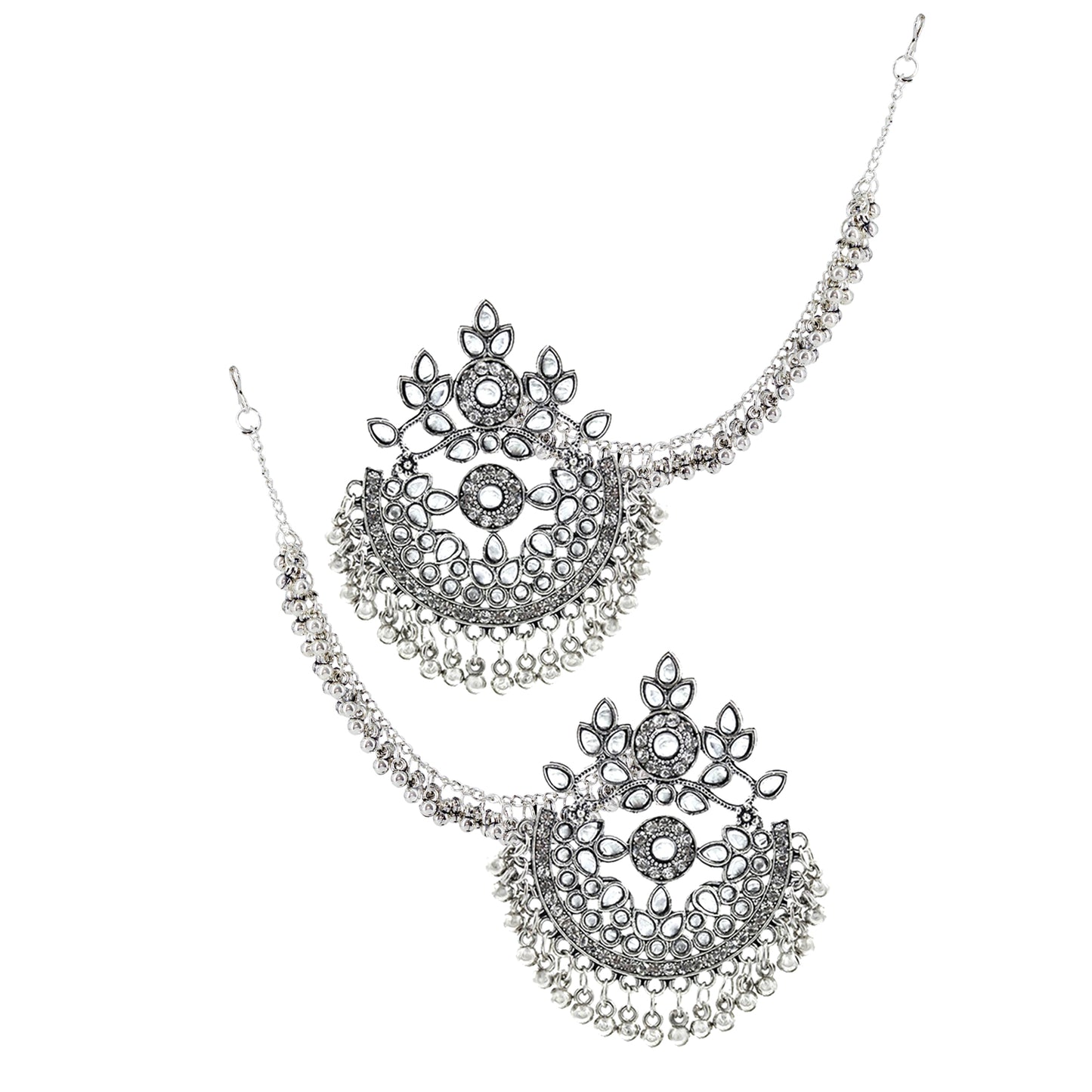 Silver-Oxidised Floral Chandbali Kundan Earrings With Ear Chain