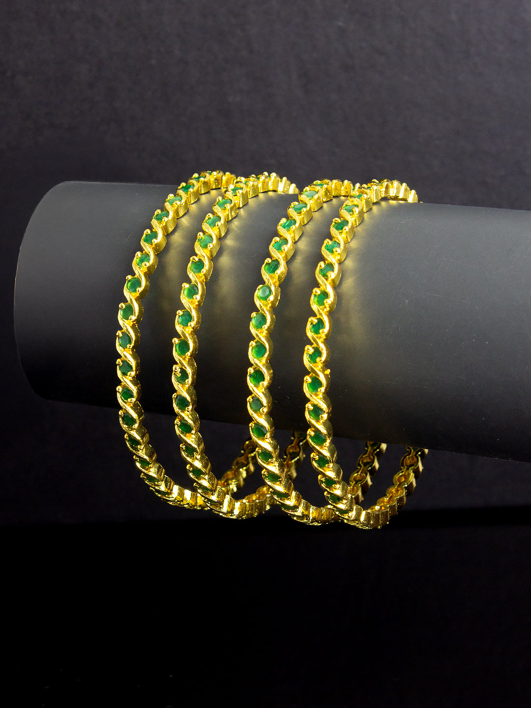 Set Of 4 Gold-Plated Green American Diamond Studded Bangles