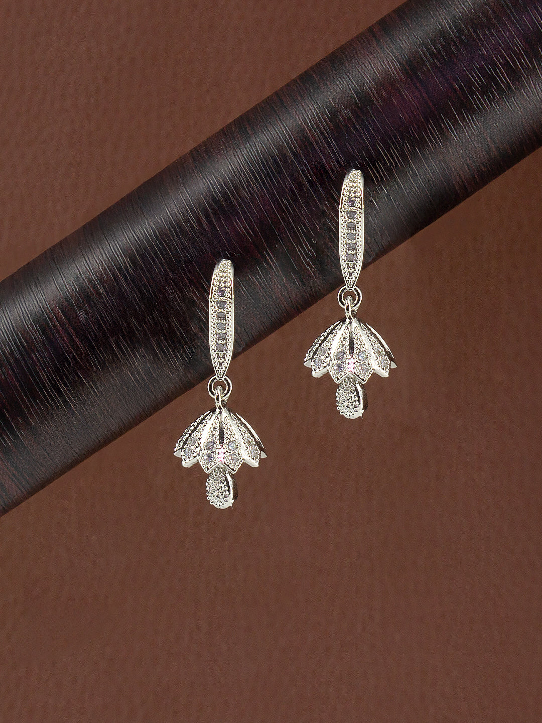 Silver Plated American Diamond Small Flower Shaped Drop Jhumka Earring
